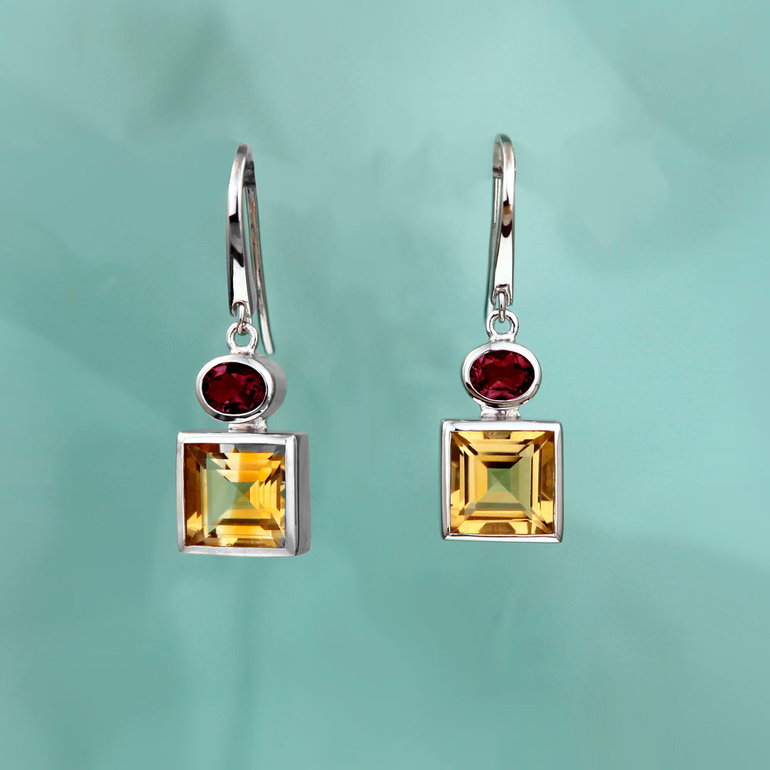 Silver Drop Earrings With Natural Citrine and Garnet