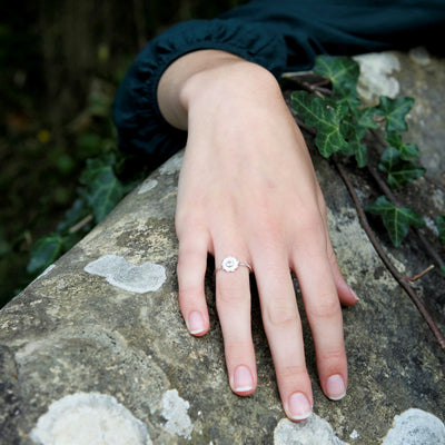 Model Wearing Silver and White Topaz Sun Ring