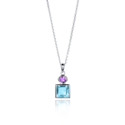 Silver pendant with natural amethyst and blue topaz gemstones