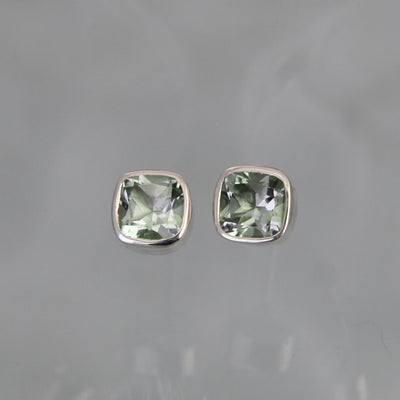 Image of Green Amethyst Silver Gem Squared Stud Earrings