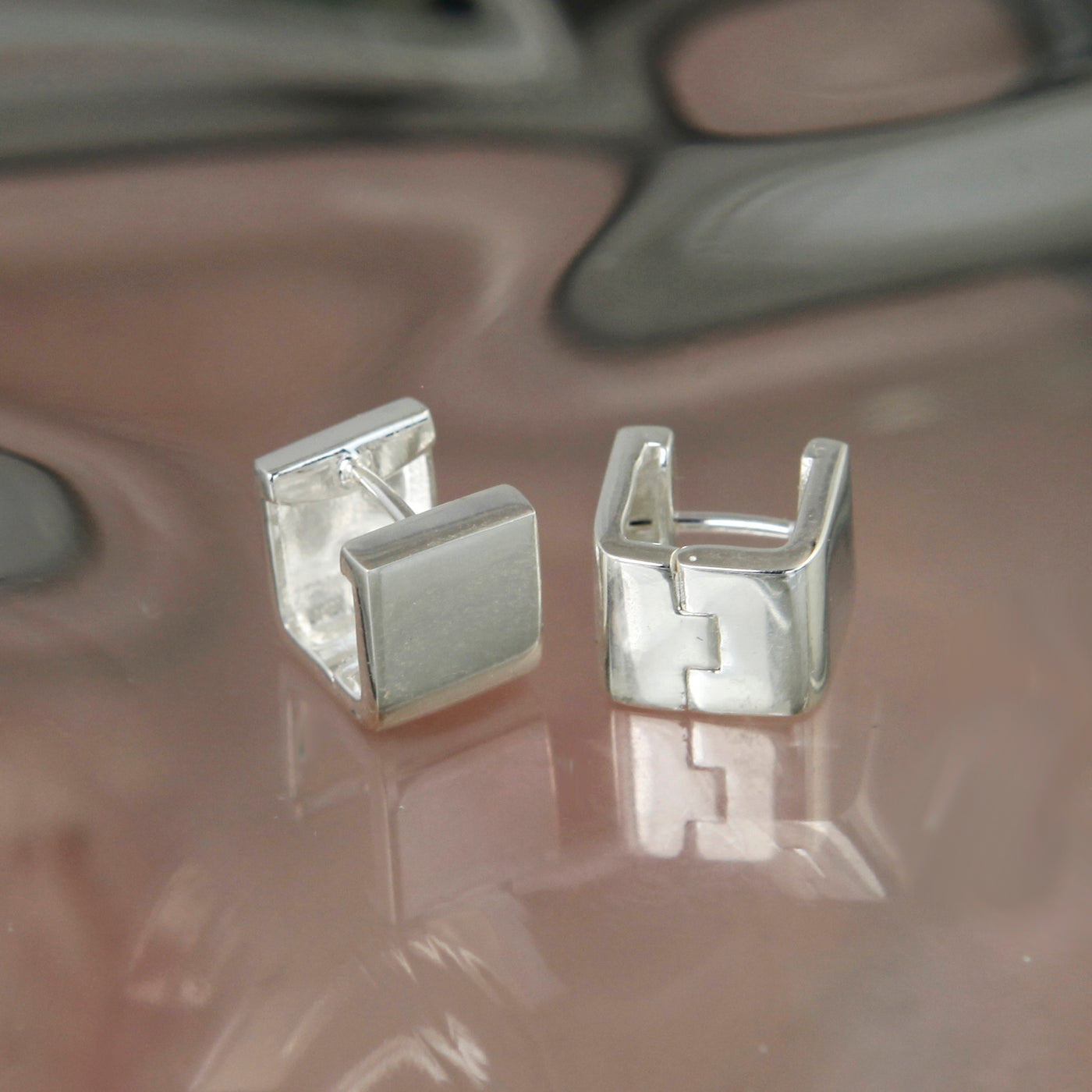 Image of Silver Huggie Wide Square Hoop Earrings