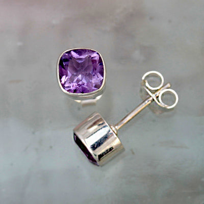 Square Silver and Amethyst Stud Earrings