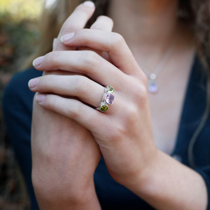 Model Wearing Amethyst & Peridot Silver Iris Ring