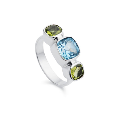 Photo of Forget-Me-Not Blue Topaz & Peridot Silver Ring