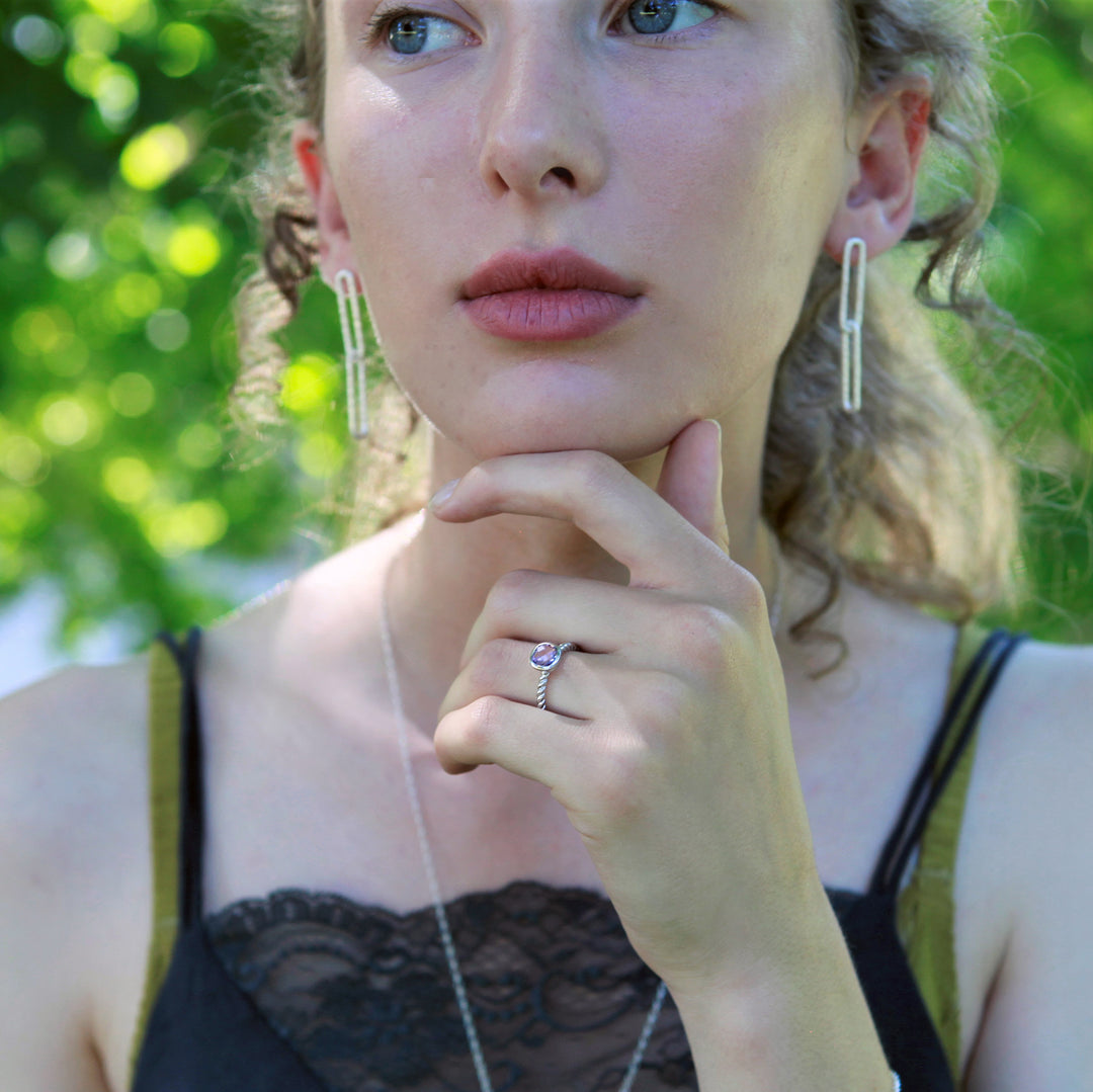 Model Wearing Amethyst Silver Ring