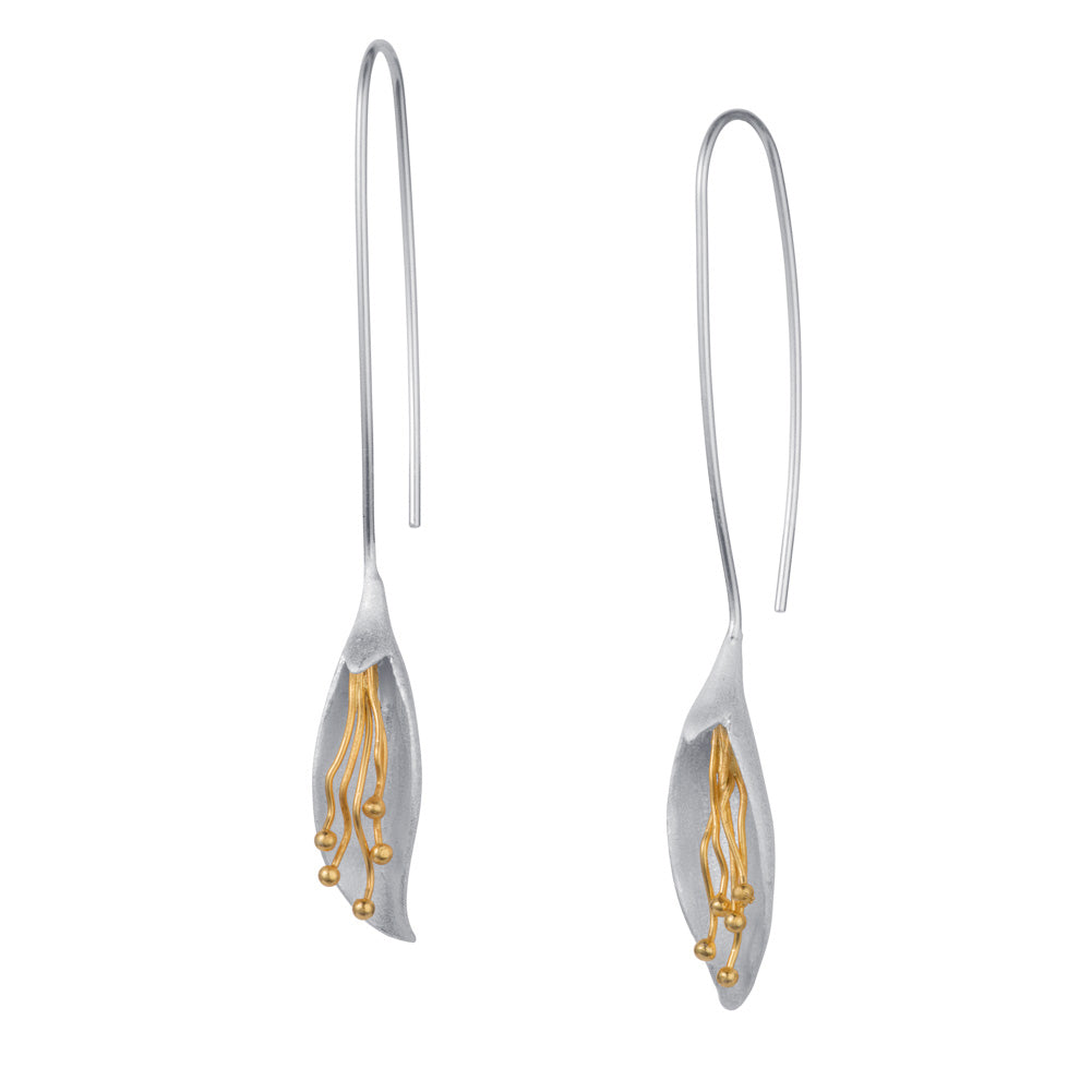 Long Calla Lily Flower Silver & Gold Earrings