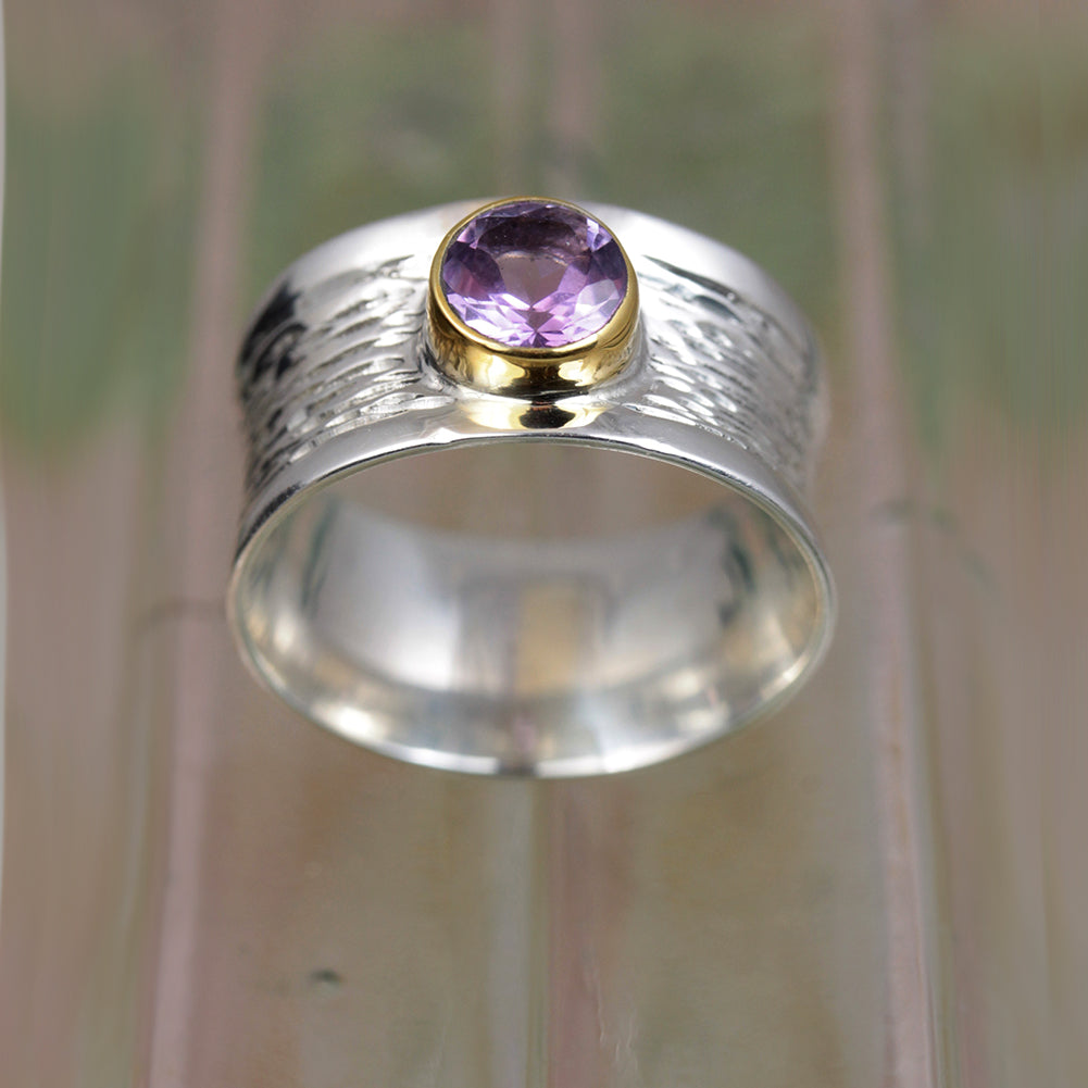 Wide Amethyst Silver Ring with Gold Plated Bezel