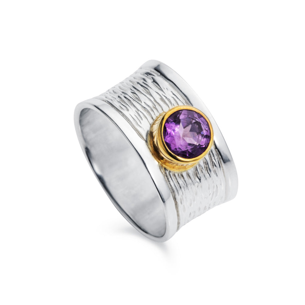 Wide Amethyst Silver Ring with Gold Plated Bezel