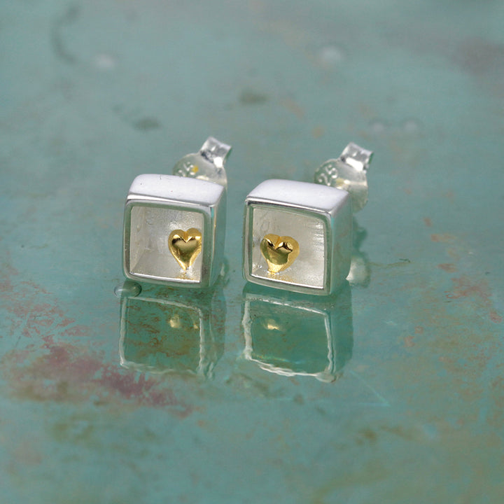 Heart of Gold Silver Stud Earrings
