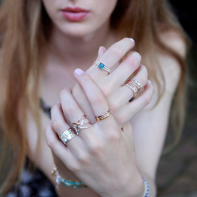 Model Wearing Tiny Hammered Silver Band