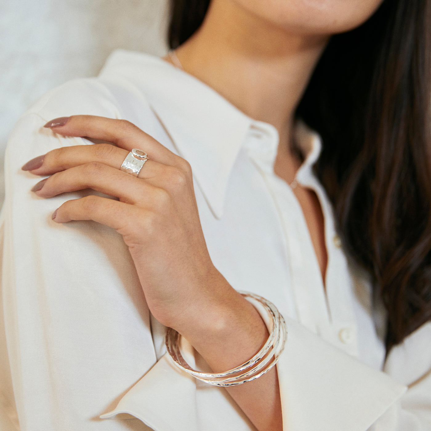 Model Wearing White Topaz Silver Serenity Ring