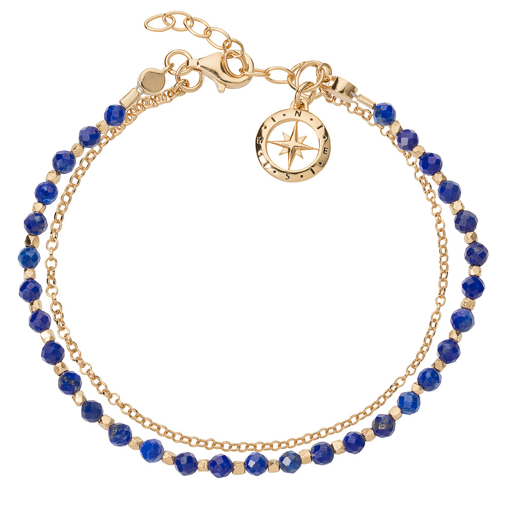 gold vermeil beaded bracelet with lapis lazuli gemstones and trace chain.