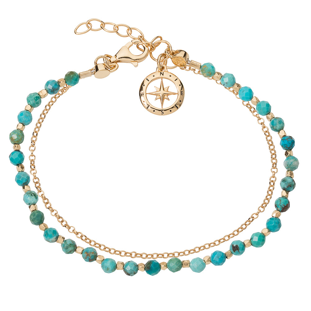 Gold vermeil beaded bracelet with turquoise gemstones, chain and a compass talisman charm.
