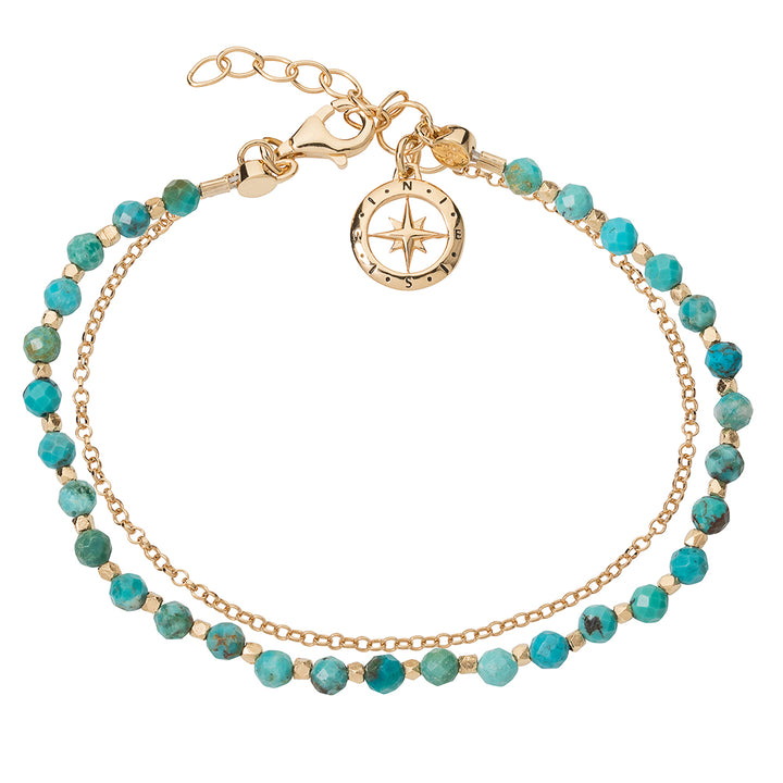 Gold vermeil beaded bracelet with turquoise gemstones, chain and a compass talisman charm.