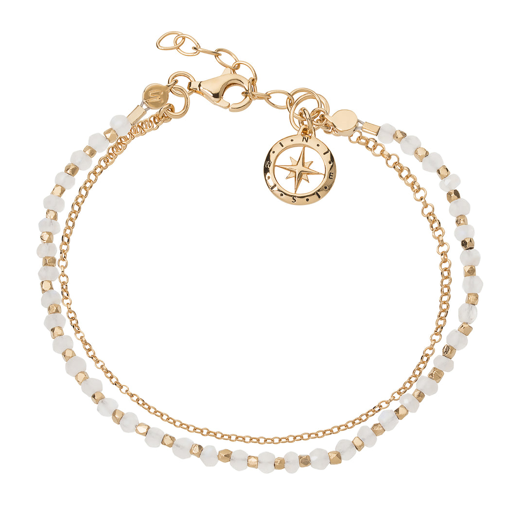 Gold vermeil beaded bracelet with white moonstone and chain and a Love's Compass charm. 