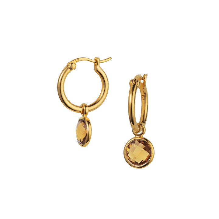 A pair of 18K gold vermeil hoop earrings with smoky quartz drops.