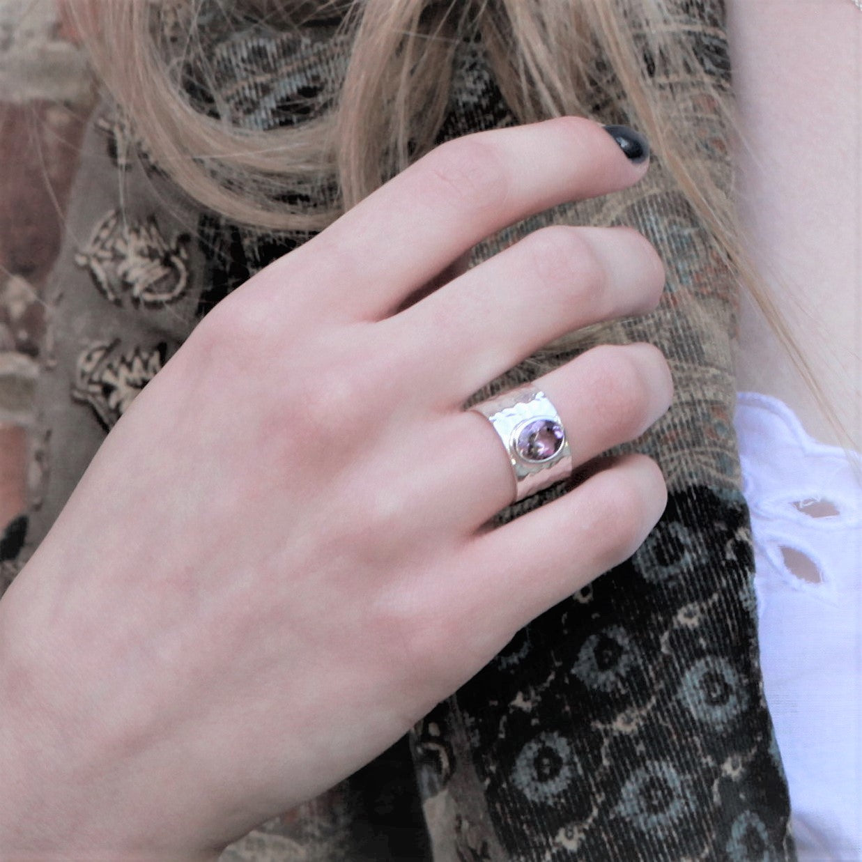 Model Wearing Amethyst Silver Serenity Ring