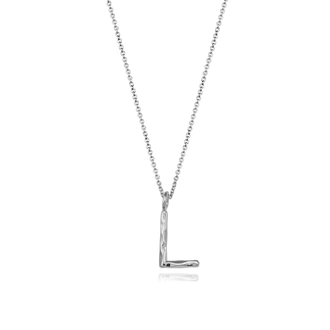 Sterling silver letter L initial necklace pendant with chain on a white background.