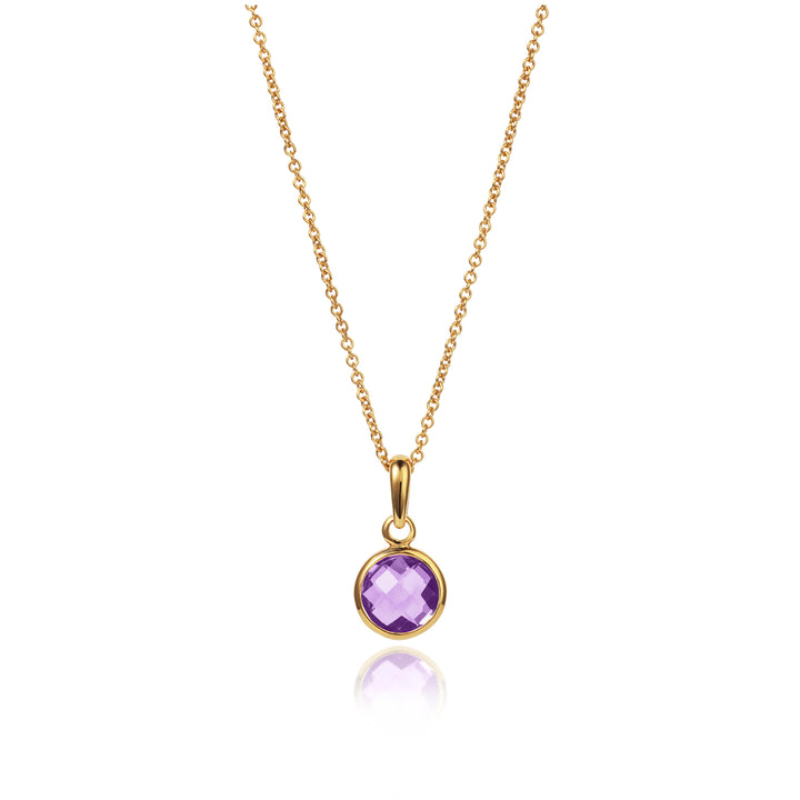 image of a dainty round amethyst gemstone set in gold with chain on a white background.