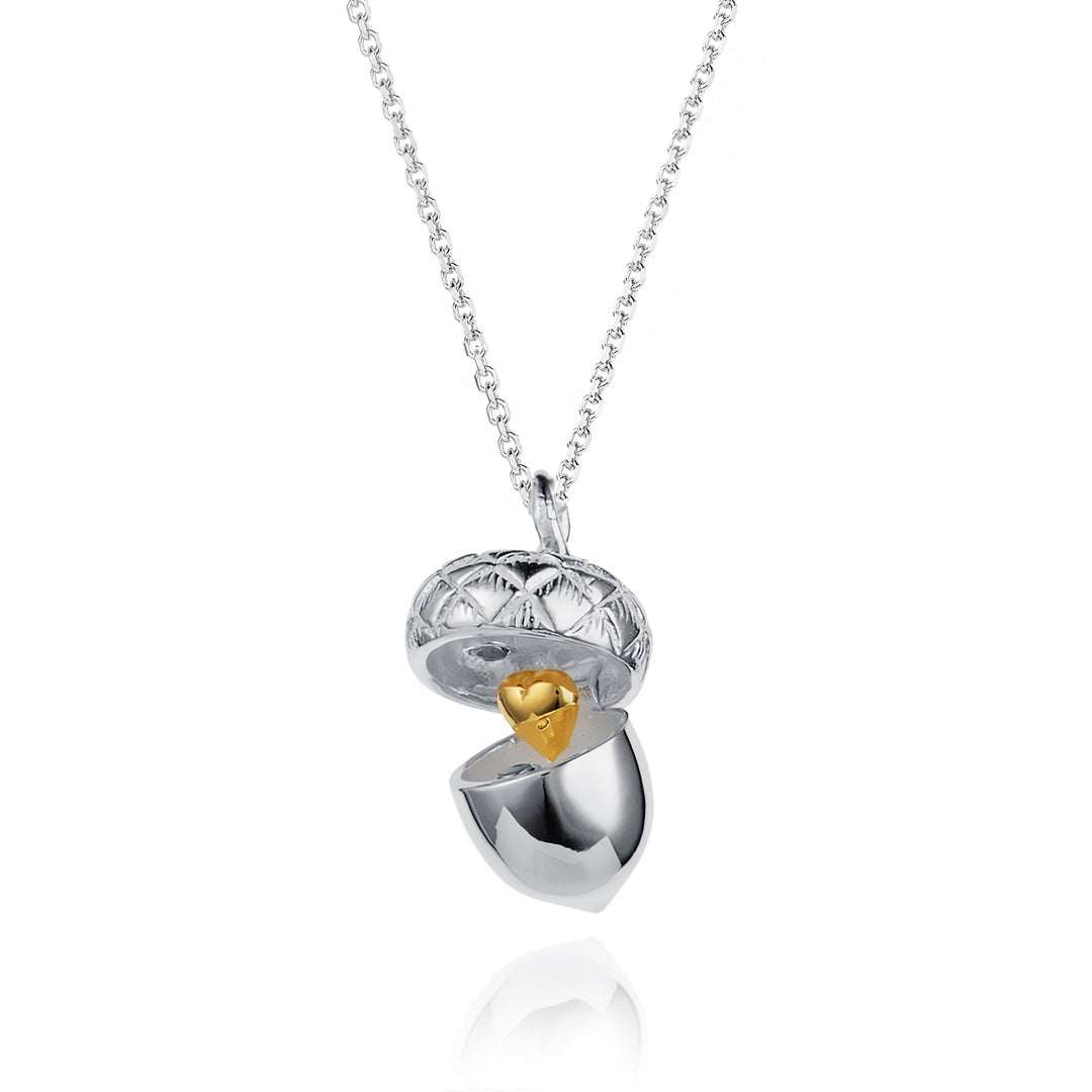 Silver acorn pendant that opens to reveal a gold heart with a 24 inch silver chain
