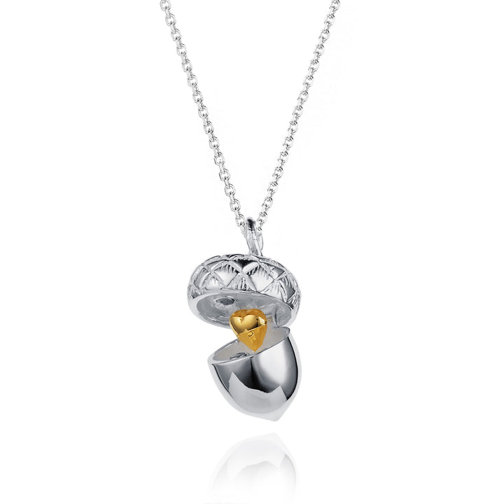 Silver acorn pendant that opens to reveal a gold heart with a 24 inch silver chain
