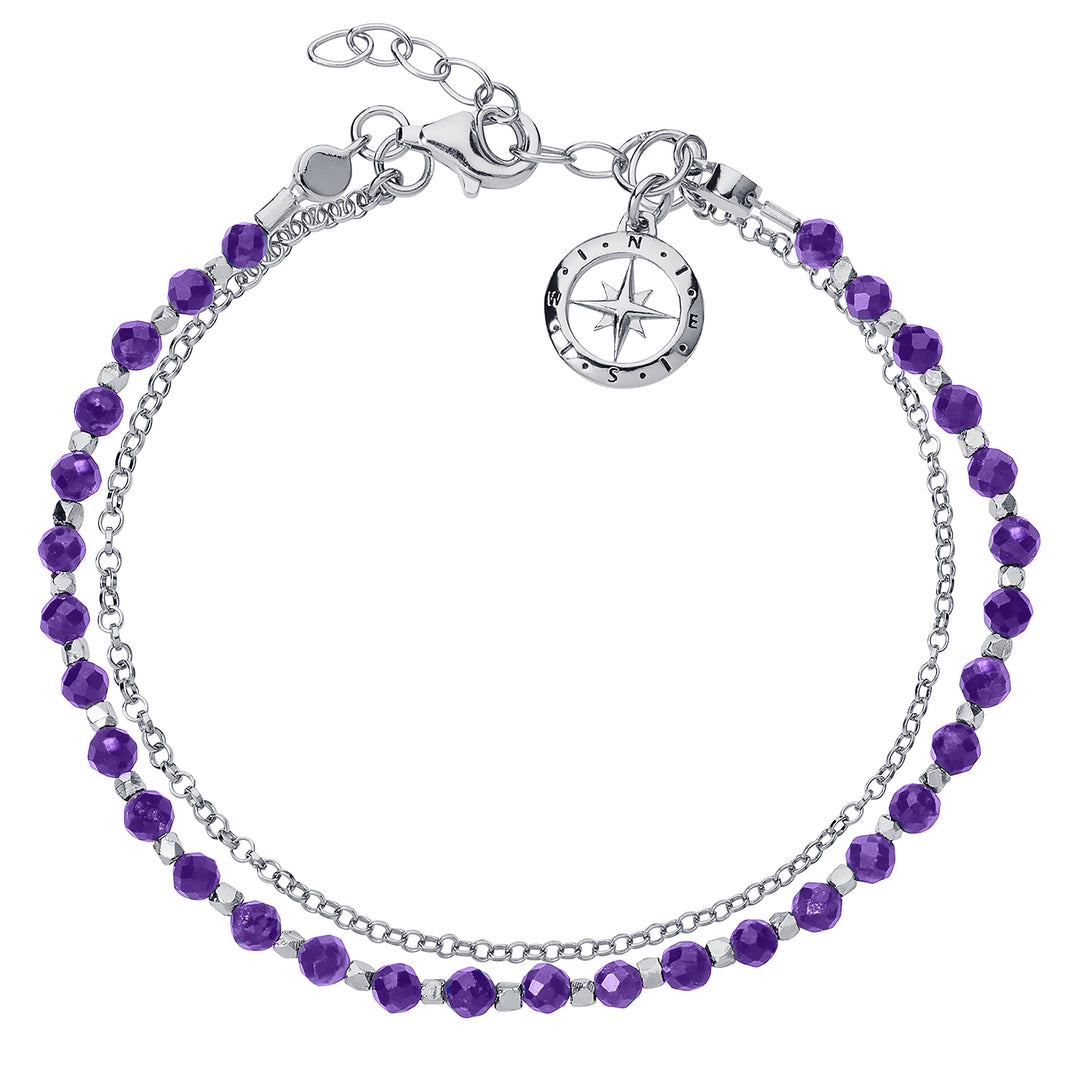 Sterling silver beaded bracelet with amethyst gemstones and a Love's Compass charm.