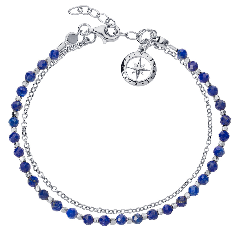 Sterling silver beaded bracelet with lapis lazuli gemstones and a Love's Compass talisman charm.