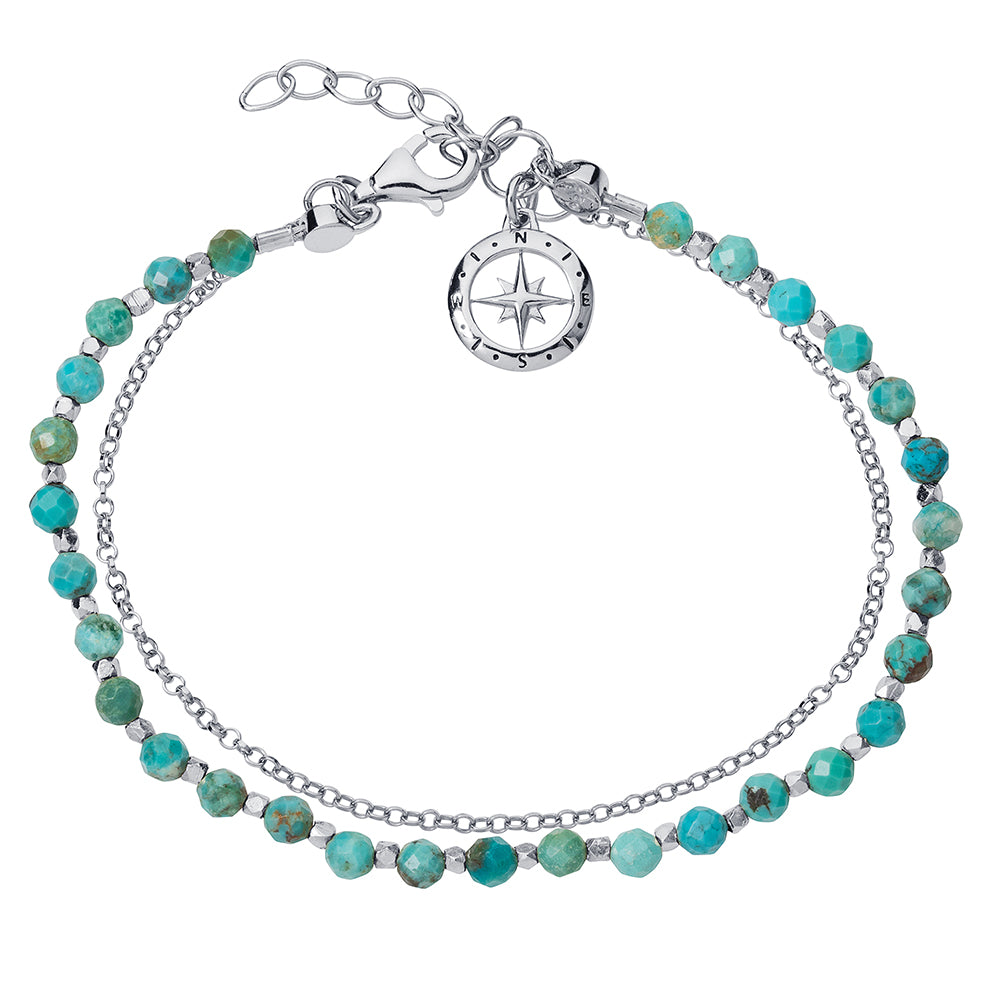 Sterling silver beaded bracelet and chain with turquoise beads and a compass lucky charm