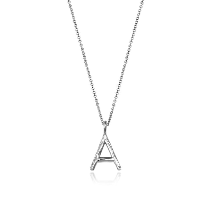 Sterling silver letter A initial necklace pendant with chain on a white background.