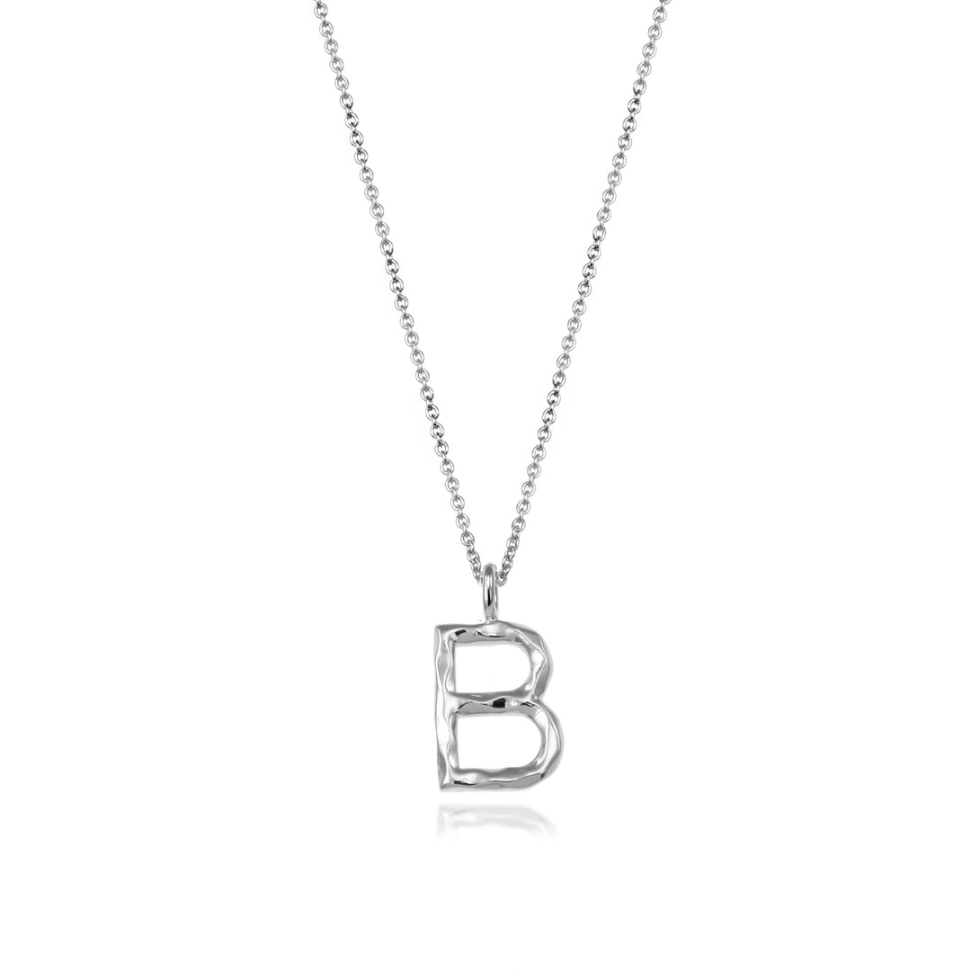 Sterling silver letter B initial necklace pendant with chain on a white background.