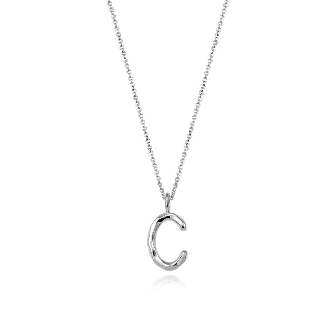 Sterling silver letter C initial necklace pendant with chain on a white background.