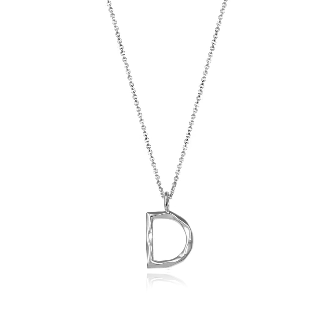 Sterling silver letter D initial necklace pendant with chain on a white background.