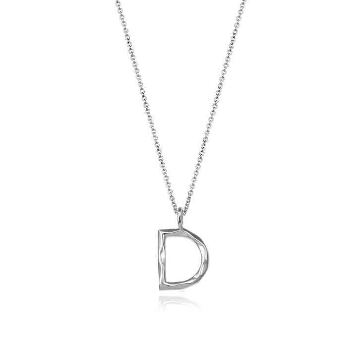 Sterling silver letter D initial necklace pendant with chain on a white background.