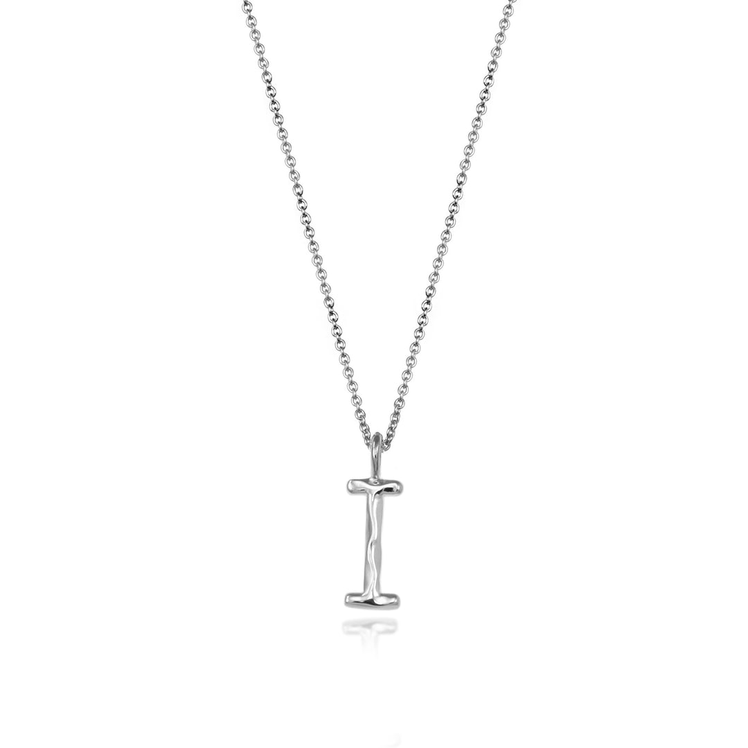 Sterling silver letter I initial necklace pendant with chain on a white background.