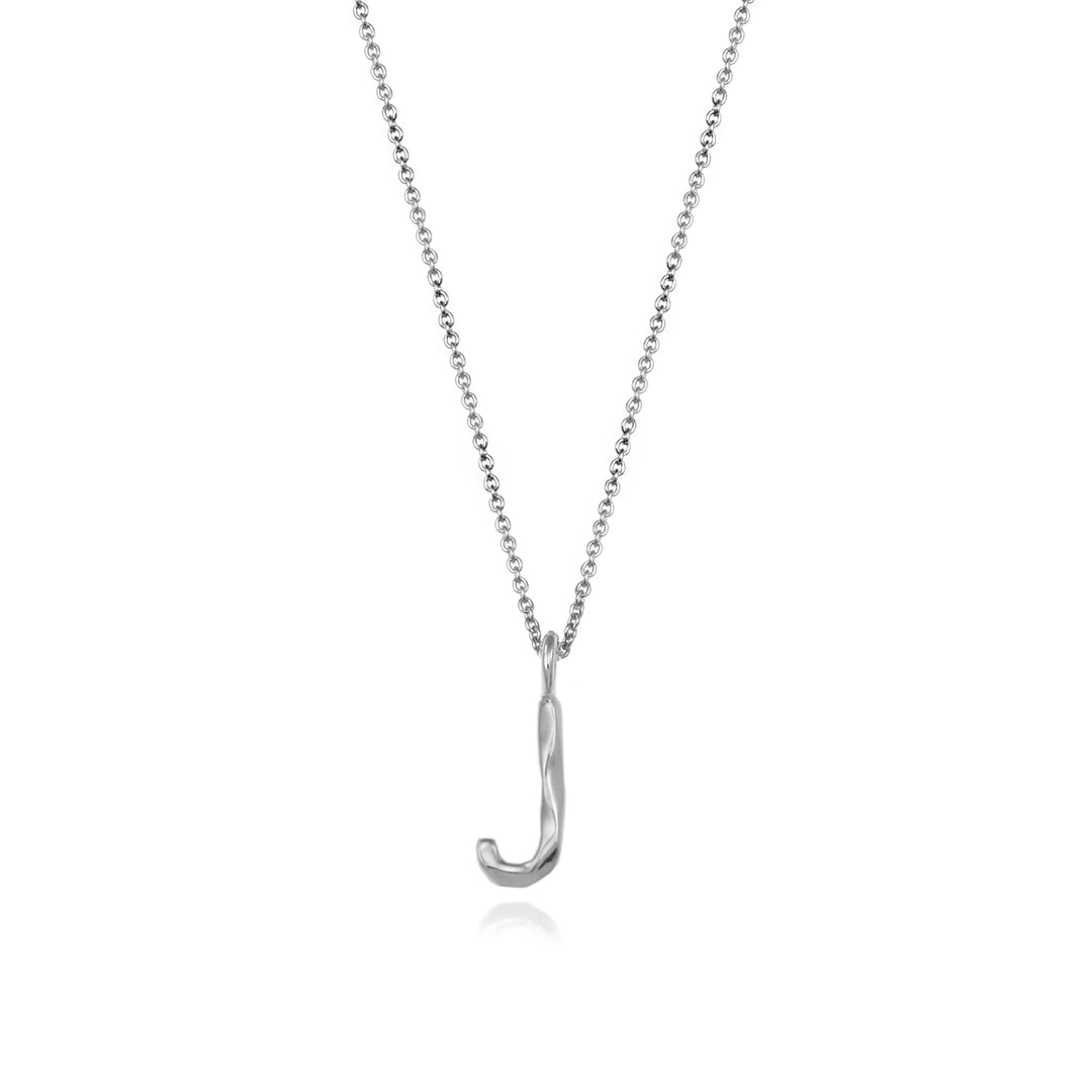 Sterling silver letter J initial necklace pendant with chain on a white background.