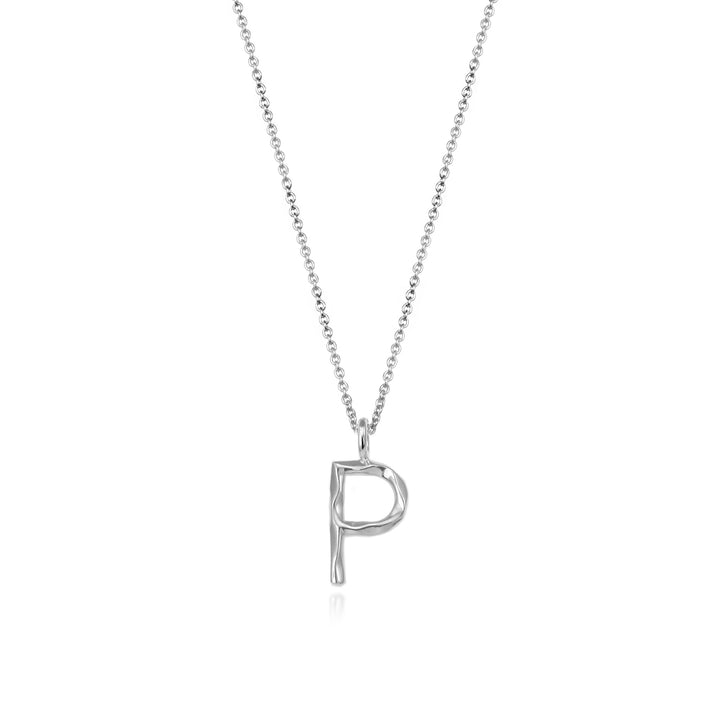 Sterling silver letter P initial necklace pendant with chain on a white background.