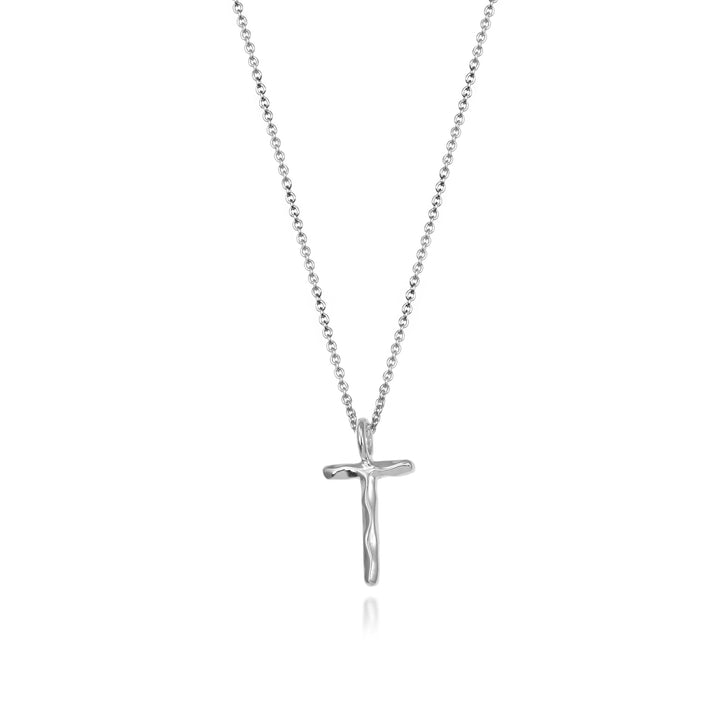 Sterling silver letter T initial necklace pendant with chain on a white background.