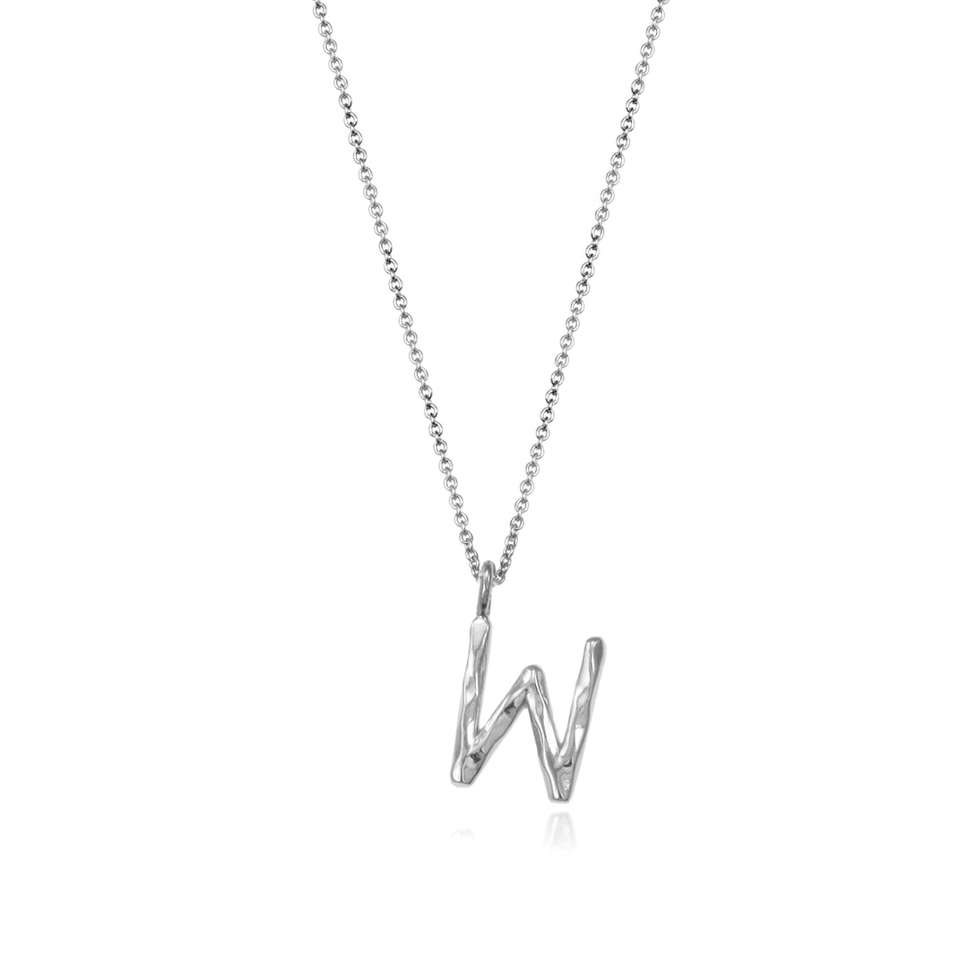 Sterling silver letter W initial necklace pendant with chain on a white background.