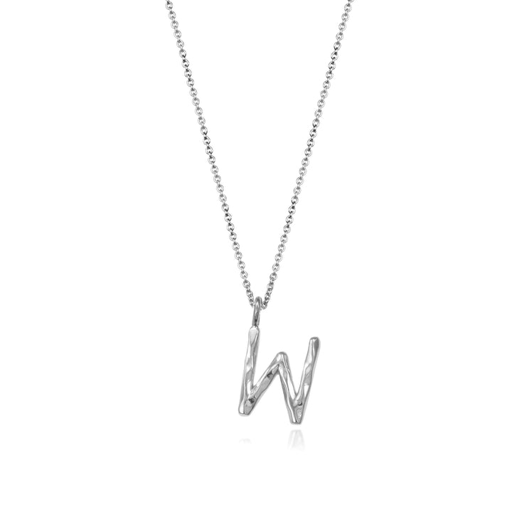 Sterling silver letter W initial necklace pendant with chain on a white background.