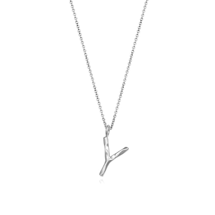 Sterling silver letter Y initial necklace pendant with chain on a white background.